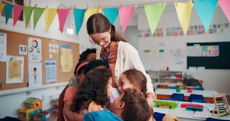 Poster - Teacher, happy and hug children in classroom, school and support with growth development at academy. Education, thank you and embrace with kids, students gratitude and love for learning knowledge
