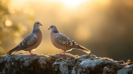 Poster - Two doves standing on a rustic stone ledge with soft morning light, feathers fluffed, creating a peaceful, loving scene.
