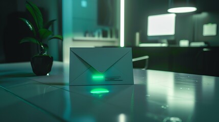 Poster - A white envelope with a green light on a table in an office.