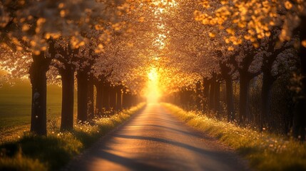 Poster - Warm golden sunlight cascades through a canopy of blossoming trees lining a peaceful country road, illuminating the path ahead. Nature's beauty is at its peak during this serene moment