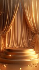 Poster - A luxurious stage adorned with golden curtains flows gracefully, creating an inviting atmosphere for an extraordinary performance. Soft glimmers dance in the light, enhancing the allure