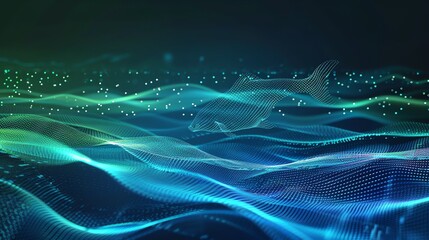 Poster - Abstract digital fish swims through blue and green waves.