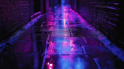 Aufkleber - Colors dance on wet pavement in a narrow alley as neon lights cast a mesmerizing glow. Rain adds depth to the vibrant scene, creating a captivating nighttime atmosphere