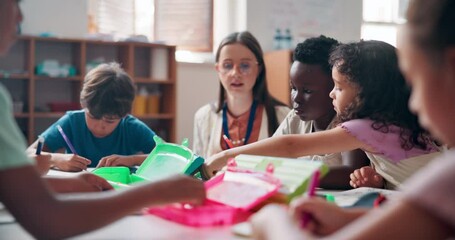 Poster - Helping, youth and education with teacher in classroom for future, lesson and students. Learning, academy and knowledge with group of kids at school for child development, studying and growth