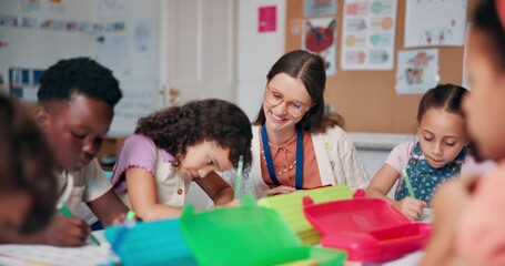 Aufkleber - Woman, student and high five in classroom, success and support with mind development at academy. Education, motivate child and gesture for learning achievement, teacher helping and kid for great job