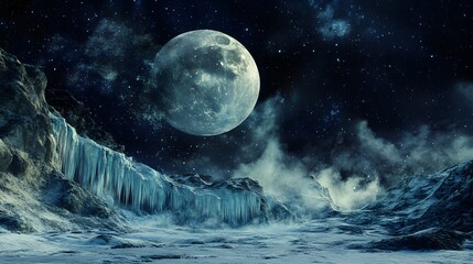 2. an icy moon of jupiter with frozen geysers spouting into a dark, star-filled sky