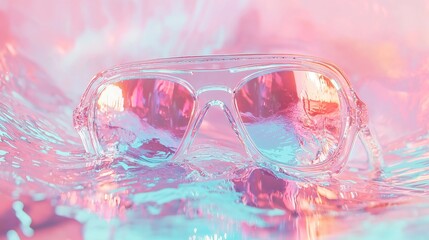 Poster - Holographic Reflection in an Open Space, vibrant colors glimmering on a smooth surface, creating a mesmerizing, ethereal atmosphere, inviting exploration and wonder