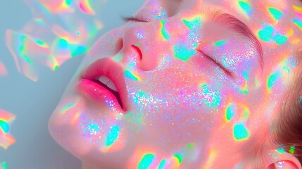 Poster - Opal Holographic Film in Open Space, shimmering surface reflecting light, vibrant colors blending seamlessly, creating a captivating visual experience in an expansive setting