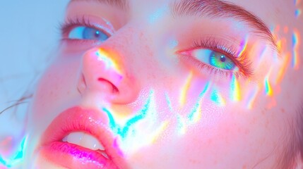 Poster - Opal Holographic Film in Expansive Space, shimmering colors reflecting light, creating an ethereal atmosphere, ideal for artistic displays or innovative design projects.