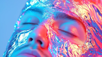 Poster - Ultra-Vibrant Reflective Foil Art, a striking visual display of colorful metallic surfaces shimmering in bright light, creating dynamic reflections and captivating textures.