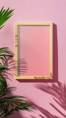 Poster - A simple wooden frame stands empty against a pastel pink wall, surrounded by lively green leaves casting playful shadows. The scene radiates a serene and artistic ambiance