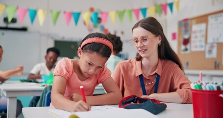 Aufkleber - Teacher, child and support with writing in classroom for motivation, advice and books with project. Woman, kid and assessment with guide, notebook and happy for development at learning academy