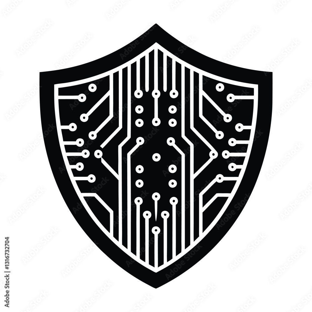 A shield containing a white circuit board design on a black background ...