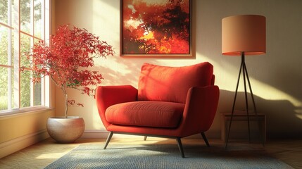 Poster - A striking red armchair is the centerpiece of a warm and inviting corner filled with natural light