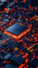 Poster - A close-up view of a computer chip surrounded by glowing circuit elements, showcasing intricate details and vibrant colors