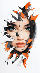 Poster - A striking artwork features a woman's face emerging from torn paper, surrounded by vibrant orange and black butterfly motifs