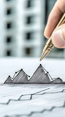 Poster - A hand draws a line graph on paper, showcasing peaks and troughs, symbolizing data analysis or financial trends