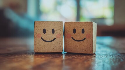 Poster - Cute small wooden blocks with cheerful faces displaying happiness and joy perfect for children's play and education