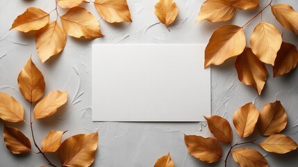 Poster - Golden autumn leaves elegantly frame a blank canvas, creating a serene ambiance. This picturesque arrangement evokes a sense of calm and invites artistic expression