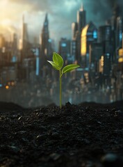 Aufkleber - Sprout Emerging in Futuristic Cityscape
