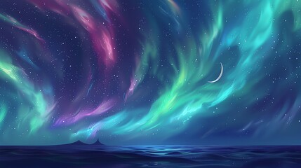Wall Mural - a colorful aurora borealis, or northern lights, display above a calm sea.