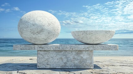 Poster - Simple yet elegant composition of two eggs resting on a wooden bench, symbolizing balance and harmony in life