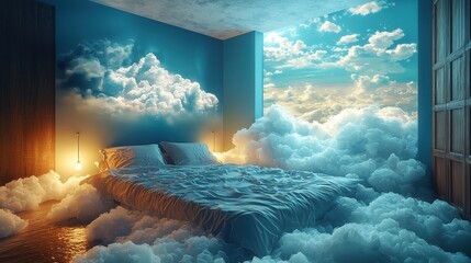 Poster - Cozy bed in a bright room with an expansive sky view creating a dreamlike atmosphere of comfort and serenity