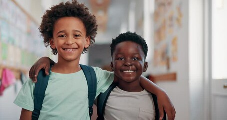 Poster - Education, smile and face of students at school for learning, knowledge and future. Child development program, studying and growth with African kids in Stem academy for friends, classroom or youth