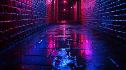 Poster - Under the glow of vibrant neon lights, a narrow alley reveals a captivating ambiance. The rain-soaked ground glistens, showcasing hues of blue and pink while droplets dance around
