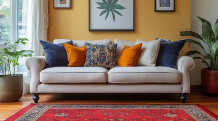 Fototapete - A stylish sofa adorned with colorful pillows sits on a rich red rug, surrounded by greenery and artistic wall decor, creating a warm and inviting atmosphere for relaxation