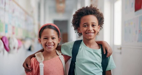 Poster - Education, youth and face of friends at school for learning, knowledge and future. Child development program, studying and growth with kids in hallway of Stem academy for students, classroom or smile