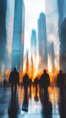 Poster - In a vibrant cityscape, shadowy figures navigate through towering skyscrapers as the sun sets, casting a warm glow on glass facades, embodying urban energy and movement