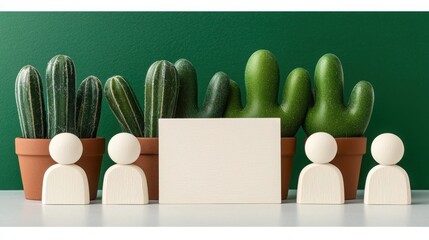 Poster - A unique combination of a cactus and a handcrafted wooden figure in a serene indoor space encouraging experience