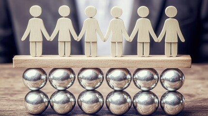 Poster - A group of diverse people standing together on a wooden block holding a silver ball representing teamwork and balance