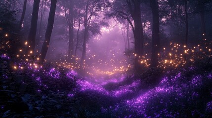 Poster - Amidst towering trees draped in twilight, a lush carpet of violet blossoms glows softly, surrounded by shimmering lights that dance in the air, creating a dreamlike atmosphere