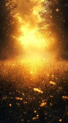 Poster - As the sun sets, golden rays filter through the trees, casting a warm glow over the meadow. Delicate flowers sway gently in the breeze, creating a magical ambiance