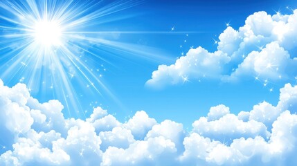 Poster - Bright sunny sky with fluffy white clouds and a radiant sun illuminating the blue horizon of a summer day