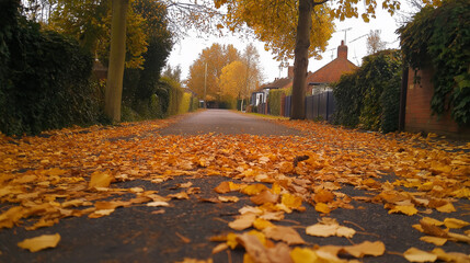 Poster - An autumn road covered in golden leaves with no visible end