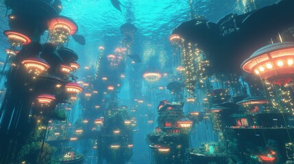 Poster - A surreal underwater city filled with glowing lights.