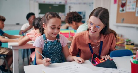 Poster - Happy teacher, girl or high five with help at school for support, learning or youth development. Woman, child and kid with fine motor skills, assistance or success in classroom for creative activity