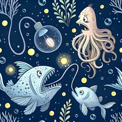 cute cartoon deep sea fish octopus scene illustration light bulb fun life blue dark kids ocean happy
