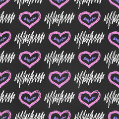 Wall Mural - Seamless Grunge Pattern of Chalk Drawn Sketches Pink Hearts and White Scribbles on Dark Blackboard. Romantic Print.