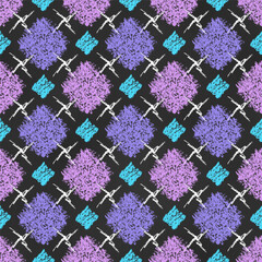 Wall Mural - Seamless Grunge Pattern of Chalk Drawn Sketches Violet, Lilac and Blue Scribbles on Chalkboard Backdrop. Checkered Print.