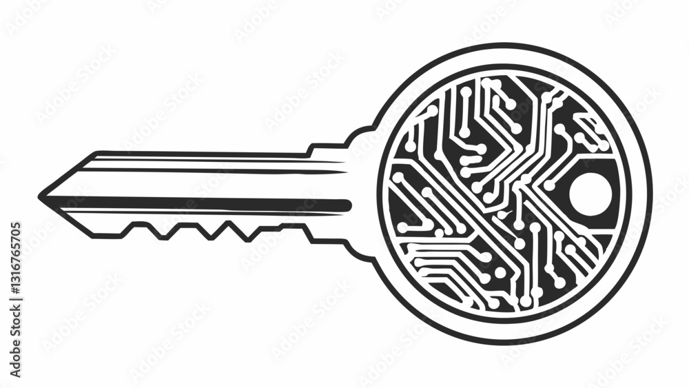 Stylized key with a circuit board design in a black and white ...