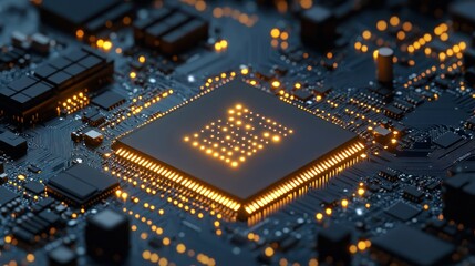 Illuminated CPU on circuit board, close-up view, technological advancement