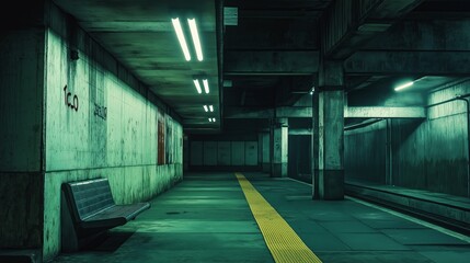 Aufkleber - A quiet, abandoned subway station with moody lighting.