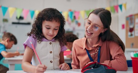 Aufkleber - Teacher, student and high five in classroom, school and support with mind development at academy. Education, motivate child and people for learning achievement, woman helping and kid for great job