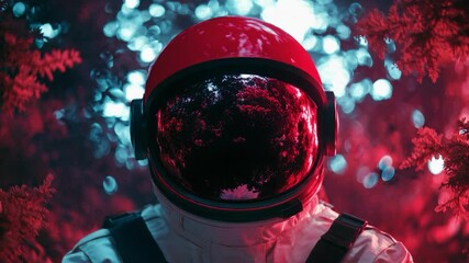 Poster - Astronaut in red helmet amidst glowing forest at night. Space exploration fantasy.