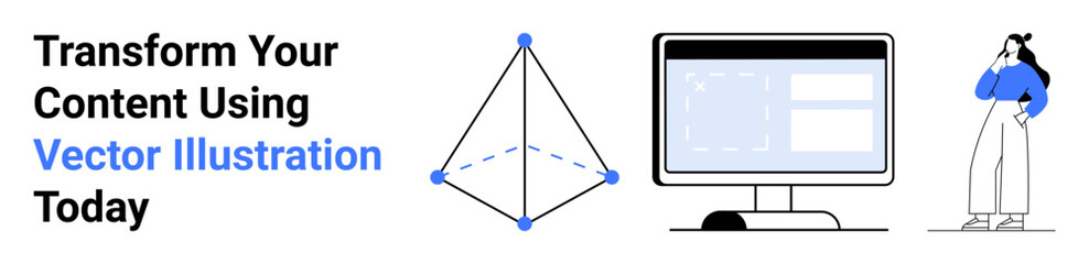 Text on creativity, 3D wireframe shape, computer screen with design software, professional in thought. Ideal for design, creativity, technology, innovation, brainstorming education flat landing