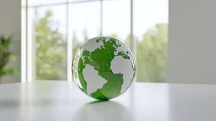 Poster - Clear Glass Globe Displaying the World with Modern City Buildings in the Background